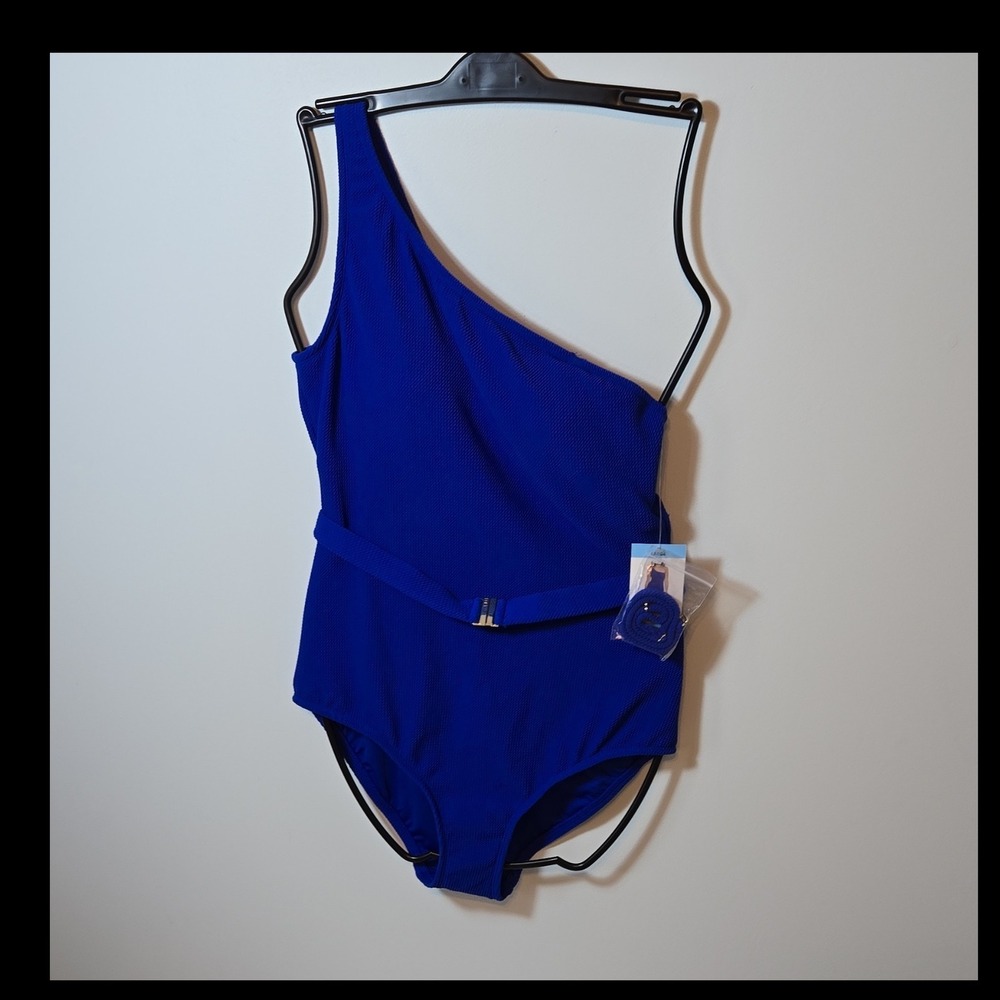 LOFT Women's One Shoulder Belted One Piece Swimsuit Blue L Regular Solid Nylon